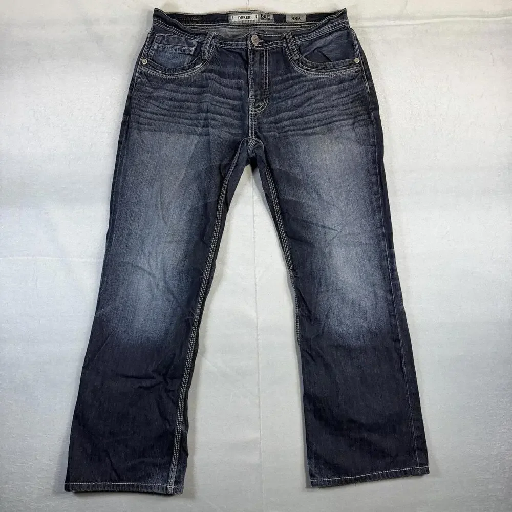 BKE Derek Jeans Mens 33R Blue Dark Wash Bootcut Western Buckle Stretch Denim